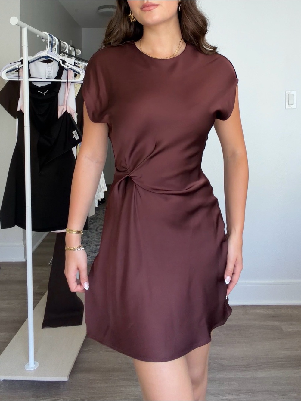 Dynamite Chocolate Brown Twist-Waist Mini Dress